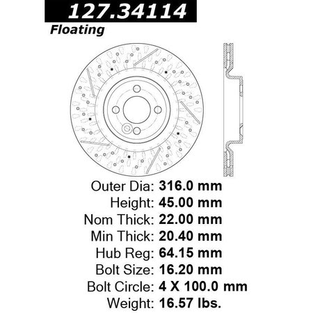 Centric Parts Premium Oe Drilled/Slotted Brake Rotor, 127.34114 127.34114